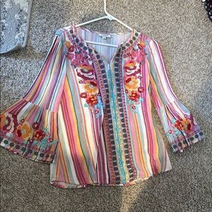 Andree by Unit Pink and Orange Blouse Bell Sleeve Embellished